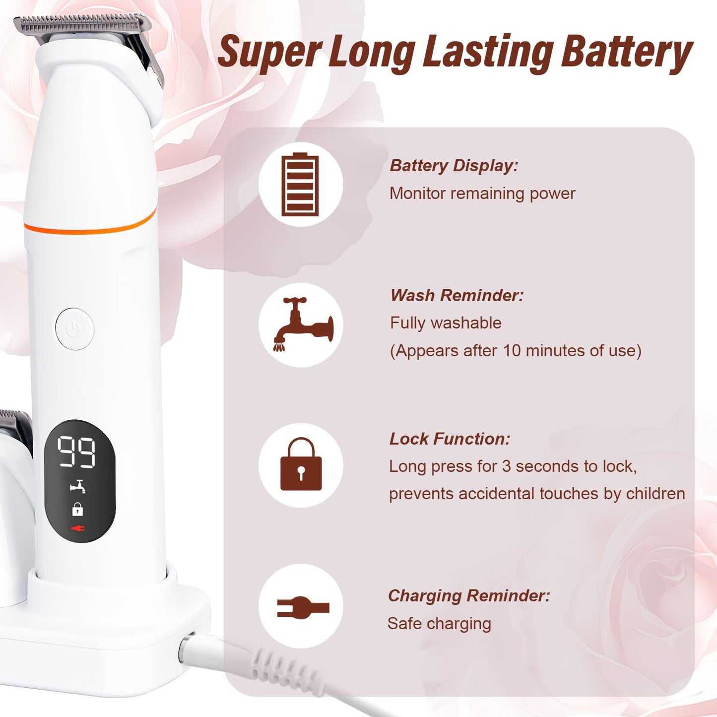 Bikini Trimmer for Women and Men, 5-in-1 Wet/Dry Body Hair Trimmer, Gentle Hair Removal Razor for Full Body Groomer, Electric Razor Shaver with USB Charge Dock -No Nick, No Cut, No Razor Burn (Pink)