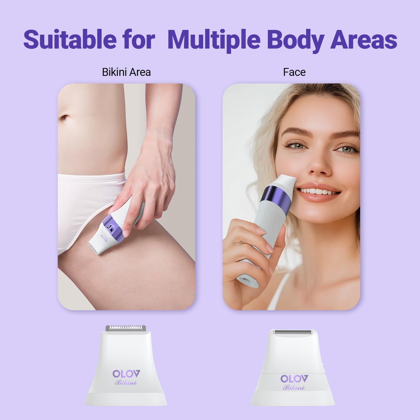 Bikini Trimmer, Electric Shaver for Women, IPX7 Waterproof Wet & Dry Electric Razors, Bikini Legs Underarm Public Hairs Rechargeable Trimmer with 3 Trimmer Heads-Purple