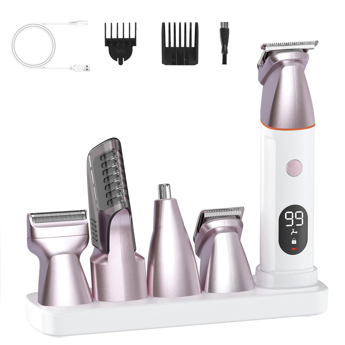 Bikini Trimmer for Women and Men, 5-in-1 Wet/Dry Body Hair Trimmer, Gentle Hair Removal Razor for Full Body Groomer, Electric Razor Shaver with USB Charge Dock -No Nick, No Cut, No Razor Burn (Pink)