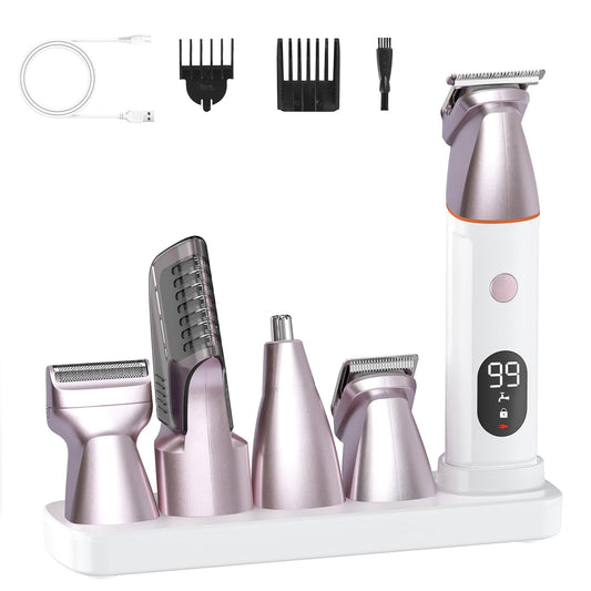 Bikini Trimmer for Women and Men, 5-in-1 Wet/Dry Body Hair Trimmer, Gentle Hair Removal Razor for Full Body Groomer, Electric Razor Shaver with USB Charge Dock -No Nick, No Cut, No Razor Burn (Pink)