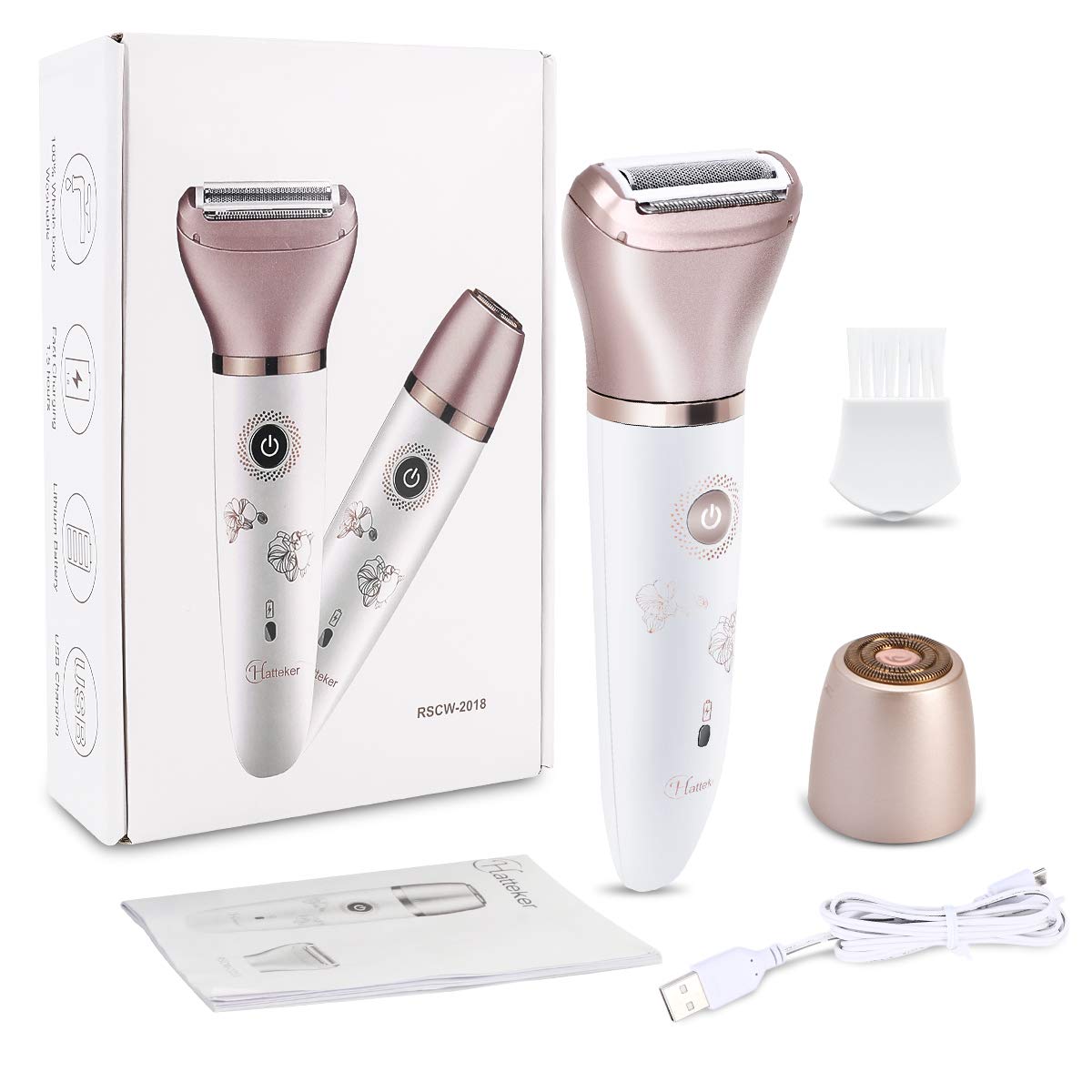 Electric Razor for Women - RenFox 2 in 1 Shaver for Women Bikini Legs Armpit Face Wet & Dry Painless Rechargeable Bikini Trimmer 2 Changeable Trimmer Heads (Rose Gold)