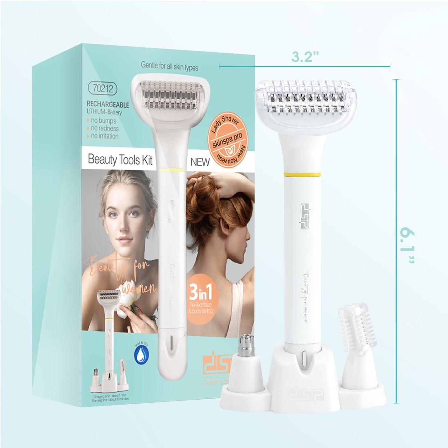 DSP 3-in-1 Women's Trimmer: Waterproof Bikini, Nose & Eyebrow Shaver. Ideal for Female Private Area; Electric Bikini Trimmer for Pubic Hair