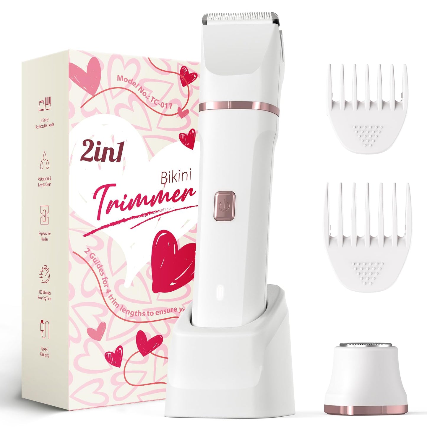 Bikini Trimmer for Women - Painless Electric Razors for Silk Skin,Cordless Body Shaver for Trip,Replaceable Lady Facial Razor, IPX7 Waterproof&Easy Cleaning, Ceramic Blade, USB Charge Dock Pink