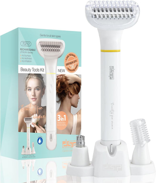 DSP 3-in-1 Women's Trimmer: Waterproof Bikini, Nose & Eyebrow Shaver. Ideal for Female Private Area; Electric Bikini Trimmer for Pubic Hair