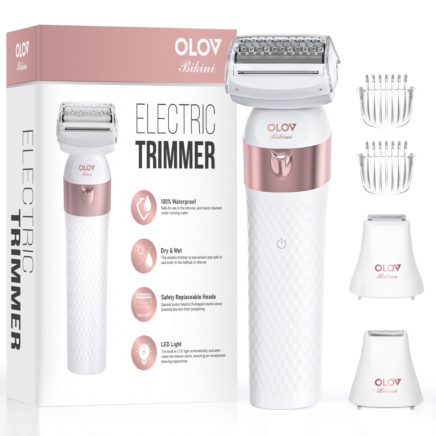 Bikini Trimmer, Electric Shaver for Women, IPX7 Waterproof Wet & Dry Electric Razors, Bikini Legs Underarm Public Hairs Rechargeable Trimmer with 3 Trimmer Heads-Purple