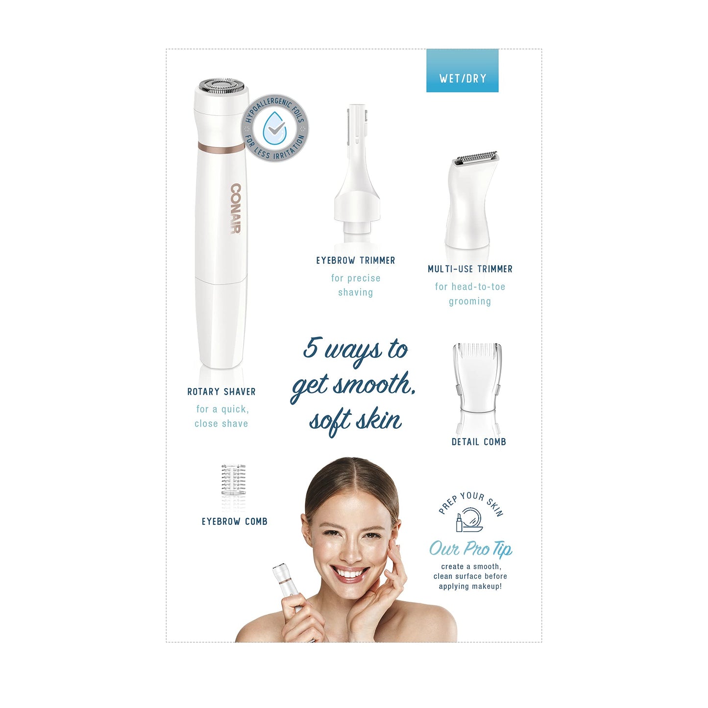 Conair All-In-1 Body and Facial Hair Removal for Women, Cordless Electric Trimmer & Shaver, Perfect for Face, Ear/Nose, Eyebrows, Legs, and Bikini Lines