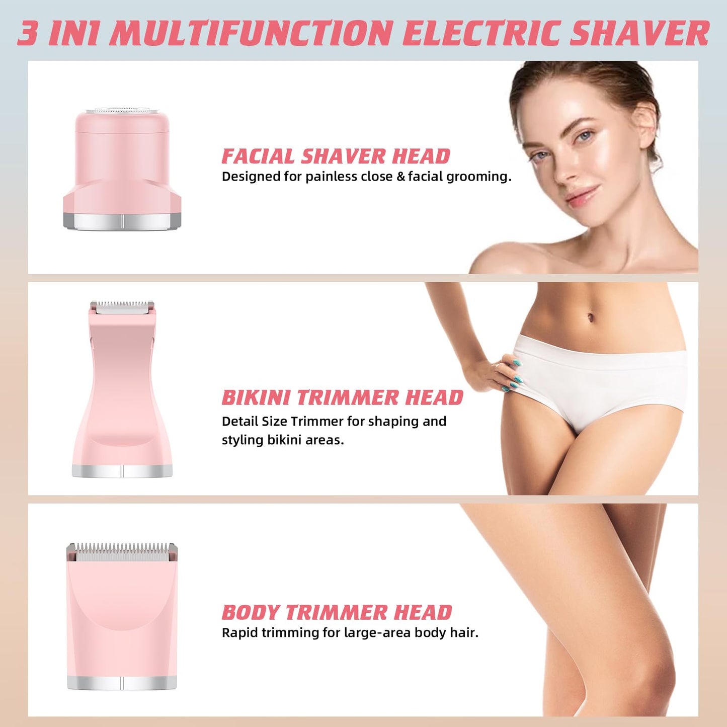 Electric Razors Shaver for Women, 3 in 1 Bikini Trimmer for Women, IPX7 Waterproof Pubic Hair Trimmer Women Wet & Dry Use, Rechargeable Hair Removal Kit for Face Body Leg Bikini Underarm Arm