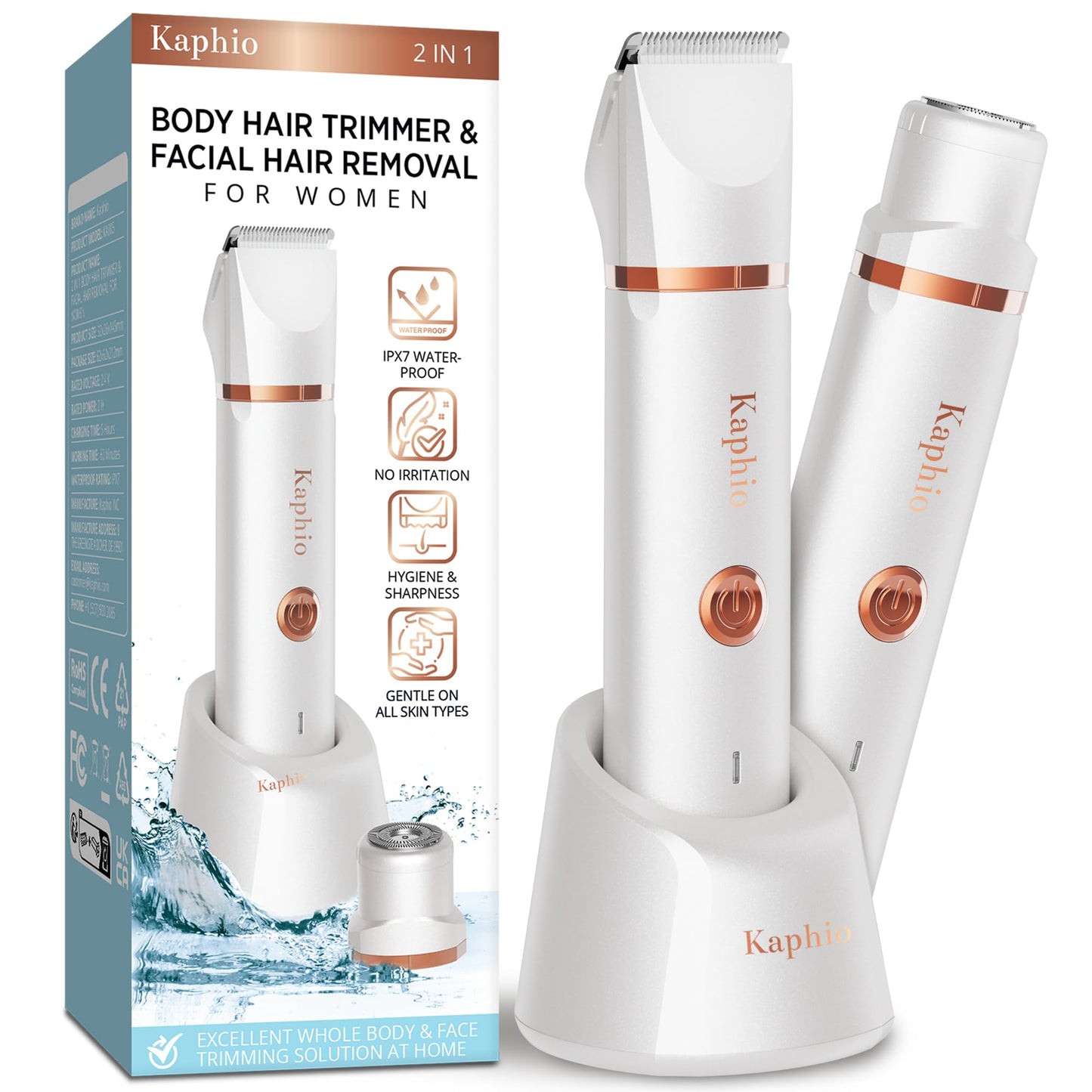 Electric Bikini Trimer Shaver Women: 2 in 1 IPX7 Waterproof Wet & Dry Use Body Hair Trimmer and Facial Hair Remover - Rechargeable Hair Removal Kit for Bikini Underarm Leg Arm Body Face