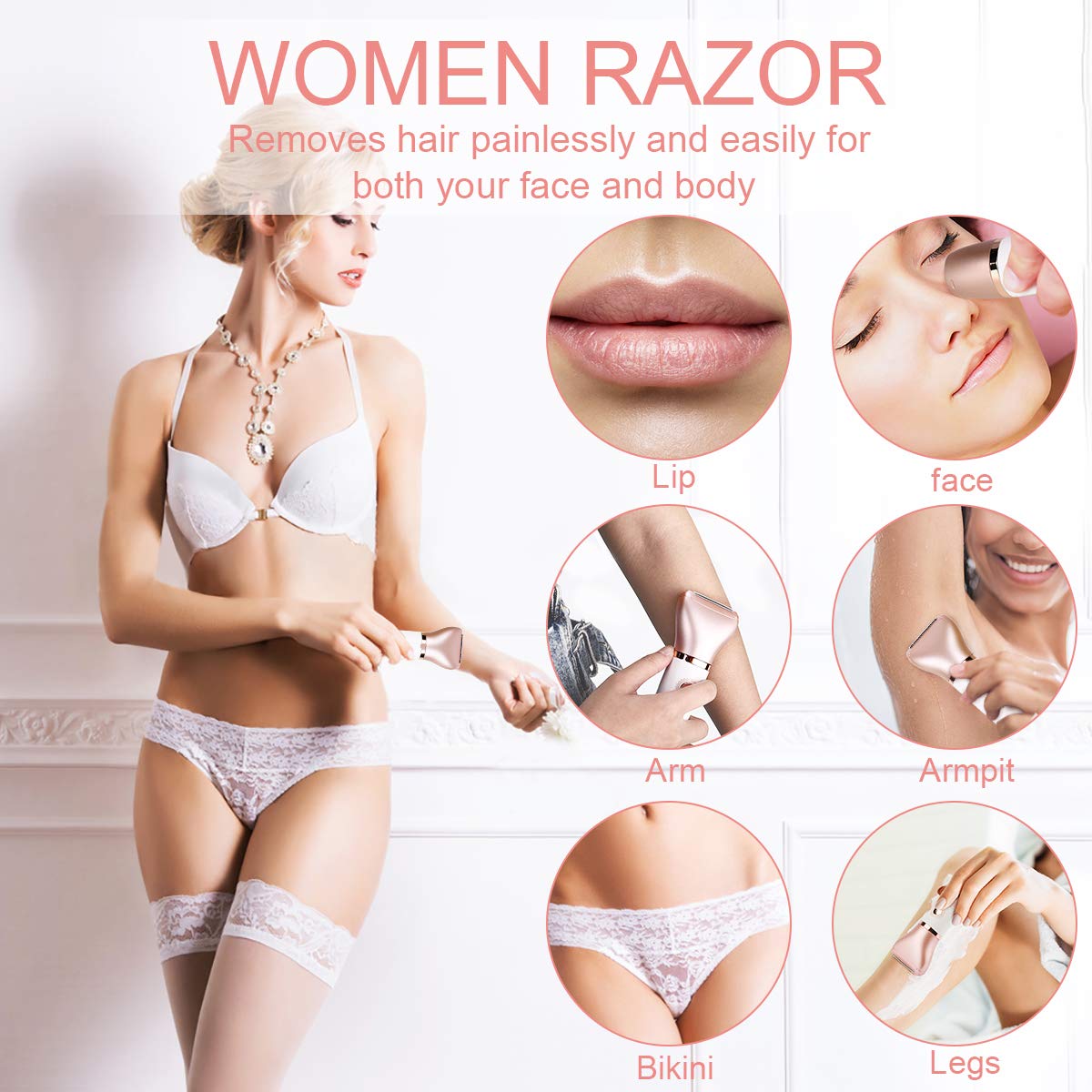 Electric Razor for Women - RenFox 2 in 1 Shaver for Women Bikini Legs Armpit Face Wet & Dry Painless Rechargeable Bikini Trimmer 2 Changeable Trimmer Heads (Rose Gold)