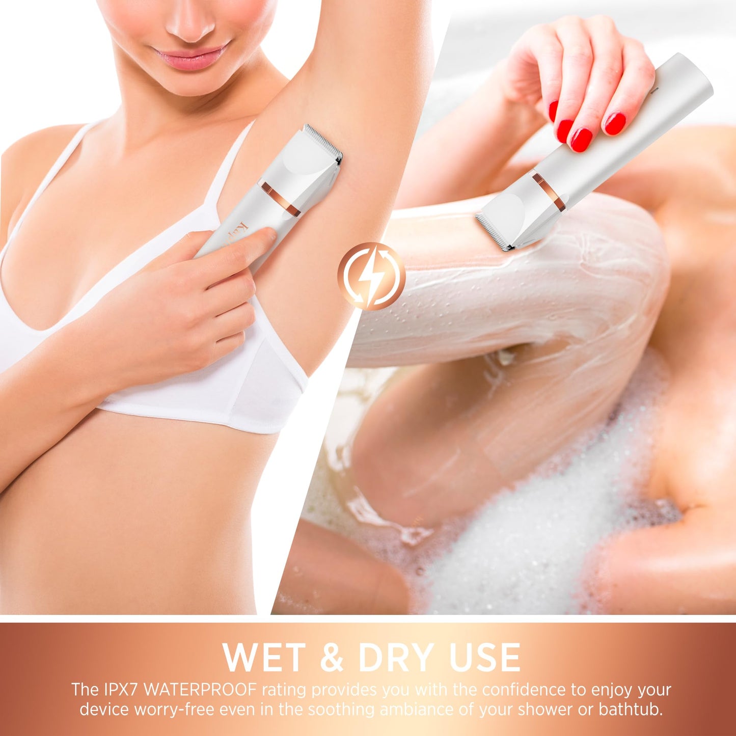 Electric Bikini Trimer Shaver Women: 2 in 1 IPX7 Waterproof Wet & Dry Use Body Hair Trimmer and Facial Hair Remover - Rechargeable Hair Removal Kit for Bikini Underarm Leg Arm Body Face