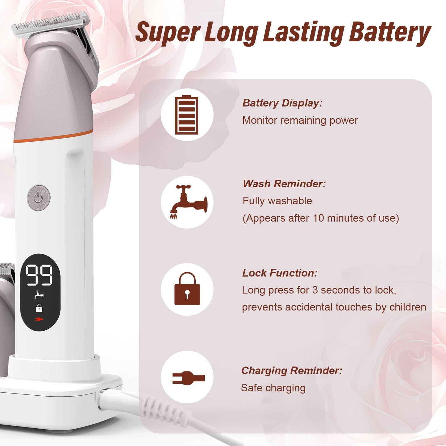 Bikini Trimmer for Women and Men, 5-in-1 Wet/Dry Body Hair Trimmer, Gentle Hair Removal Razor for Full Body Groomer, Electric Razor Shaver with USB Charge Dock -No Nick, No Cut, No Razor Burn (Pink)