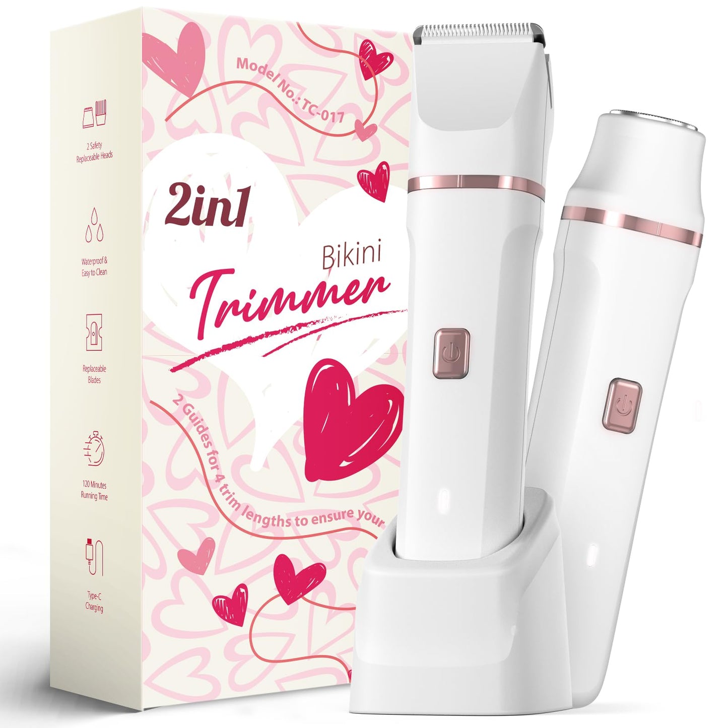 Bikini Trimmer for Women - Painless Electric Razors for Silk Skin,Cordless Body Shaver for Trip,Replaceable Lady Facial Razor, IPX7 Waterproof&Easy Cleaning, Ceramic Blade, USB Charge Dock Pink