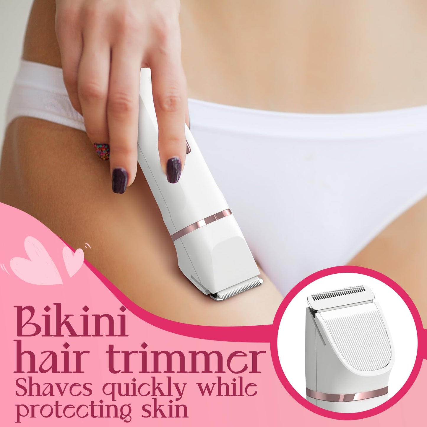 Bikini Trimmer for Women - Painless Electric Razors for Silk Skin,Cordless Body Shaver for Trip,Replaceable Lady Facial Razor, IPX7 Waterproof&Easy Cleaning, Ceramic Blade, USB Charge Dock Pink