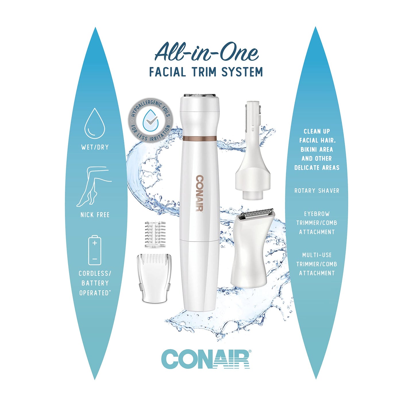 Conair All-In-1 Body and Facial Hair Removal for Women, Cordless Electric Trimmer & Shaver, Perfect for Face, Ear/Nose, Eyebrows, Legs, and Bikini Lines
