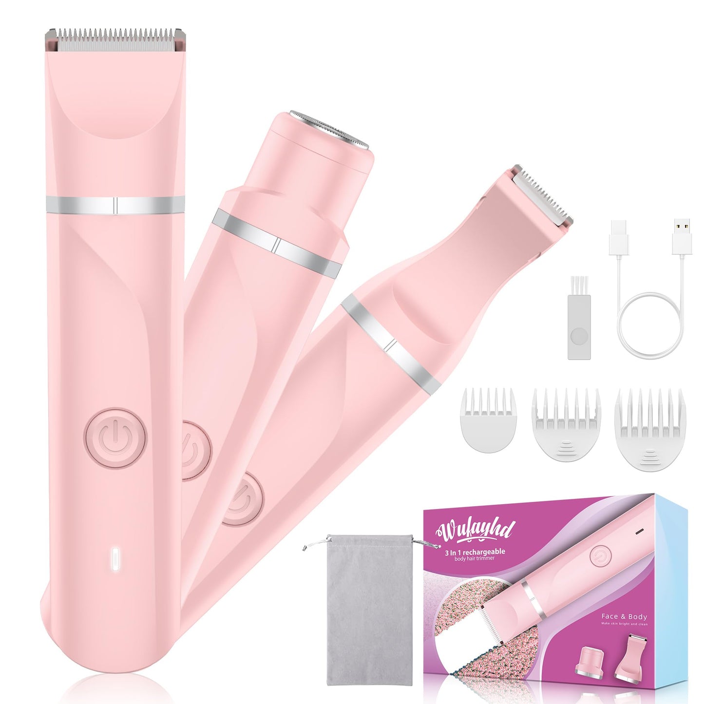 Electric Razors Shaver for Women, 3 in 1 Bikini Trimmer for Women, IPX7 Waterproof Pubic Hair Trimmer Women Wet & Dry Use, Rechargeable Hair Removal Kit for Face Body Leg Bikini Underarm Arm
