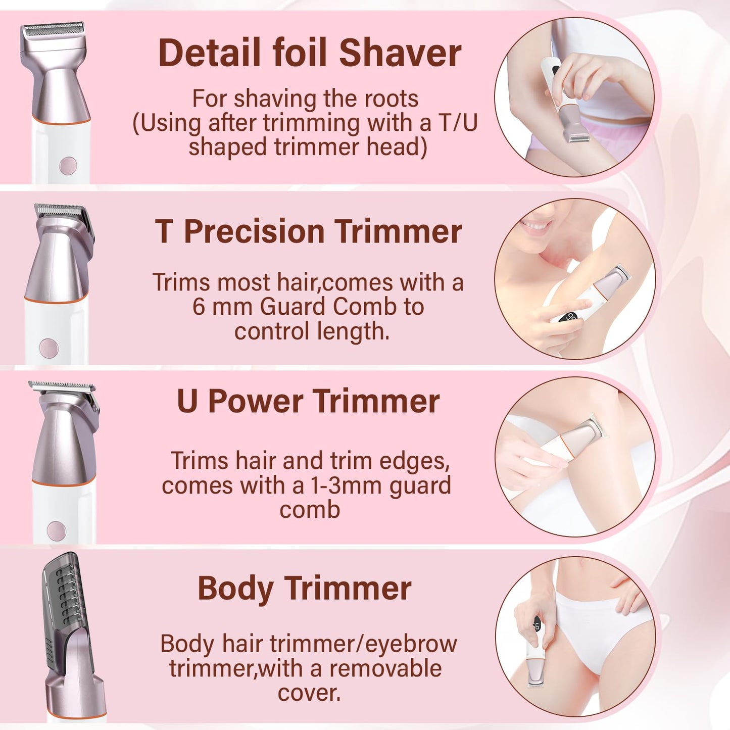 Bikini Trimmer for Women and Men, 5-in-1 Wet/Dry Body Hair Trimmer, Gentle Hair Removal Razor for Full Body Groomer, Electric Razor Shaver with USB Charge Dock -No Nick, No Cut, No Razor Burn (Pink)
