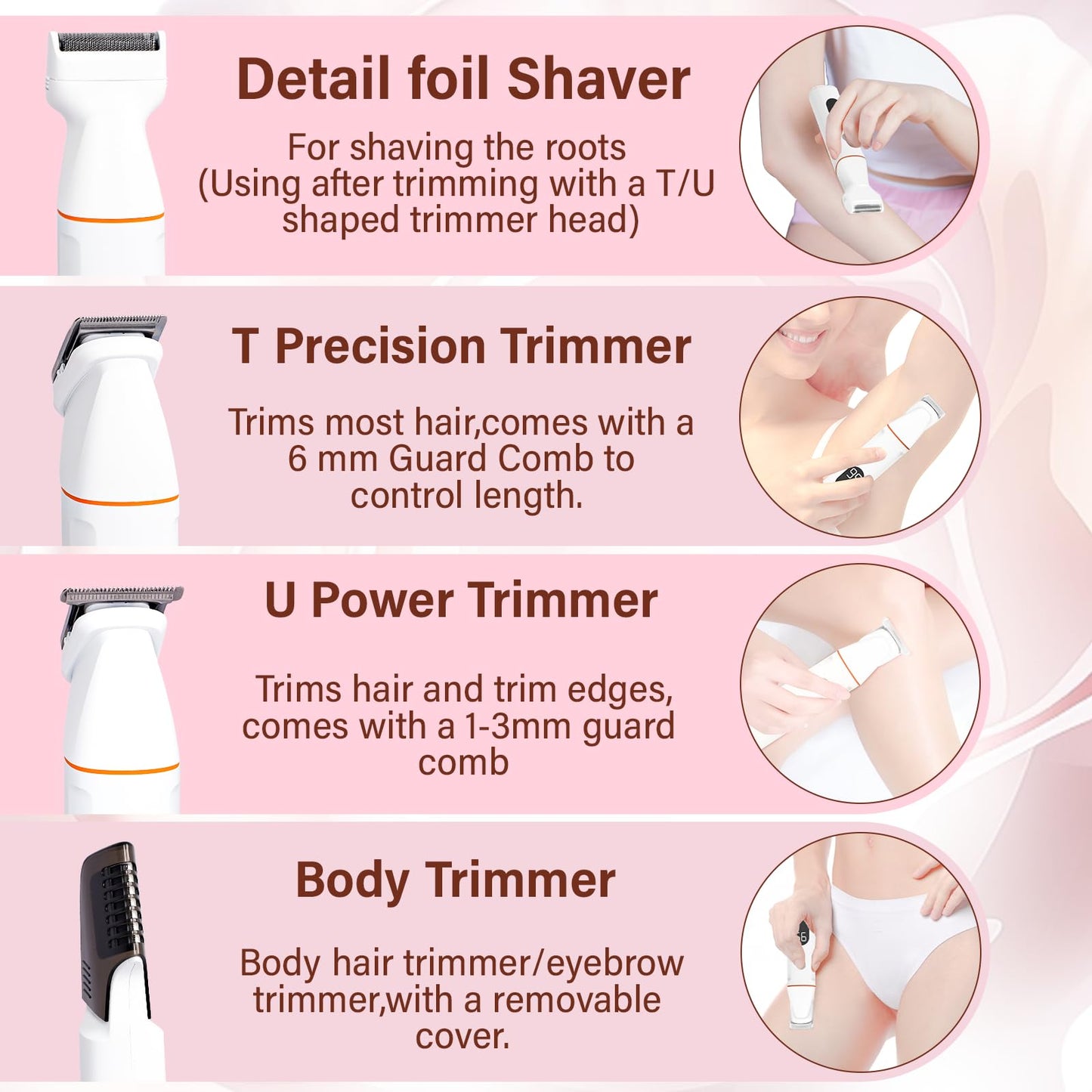 Bikini Trimmer for Women and Men, 5-in-1 Wet/Dry Body Hair Trimmer, Gentle Hair Removal Razor for Full Body Groomer, Electric Razor Shaver with USB Charge Dock -No Nick, No Cut, No Razor Burn (Pink)
