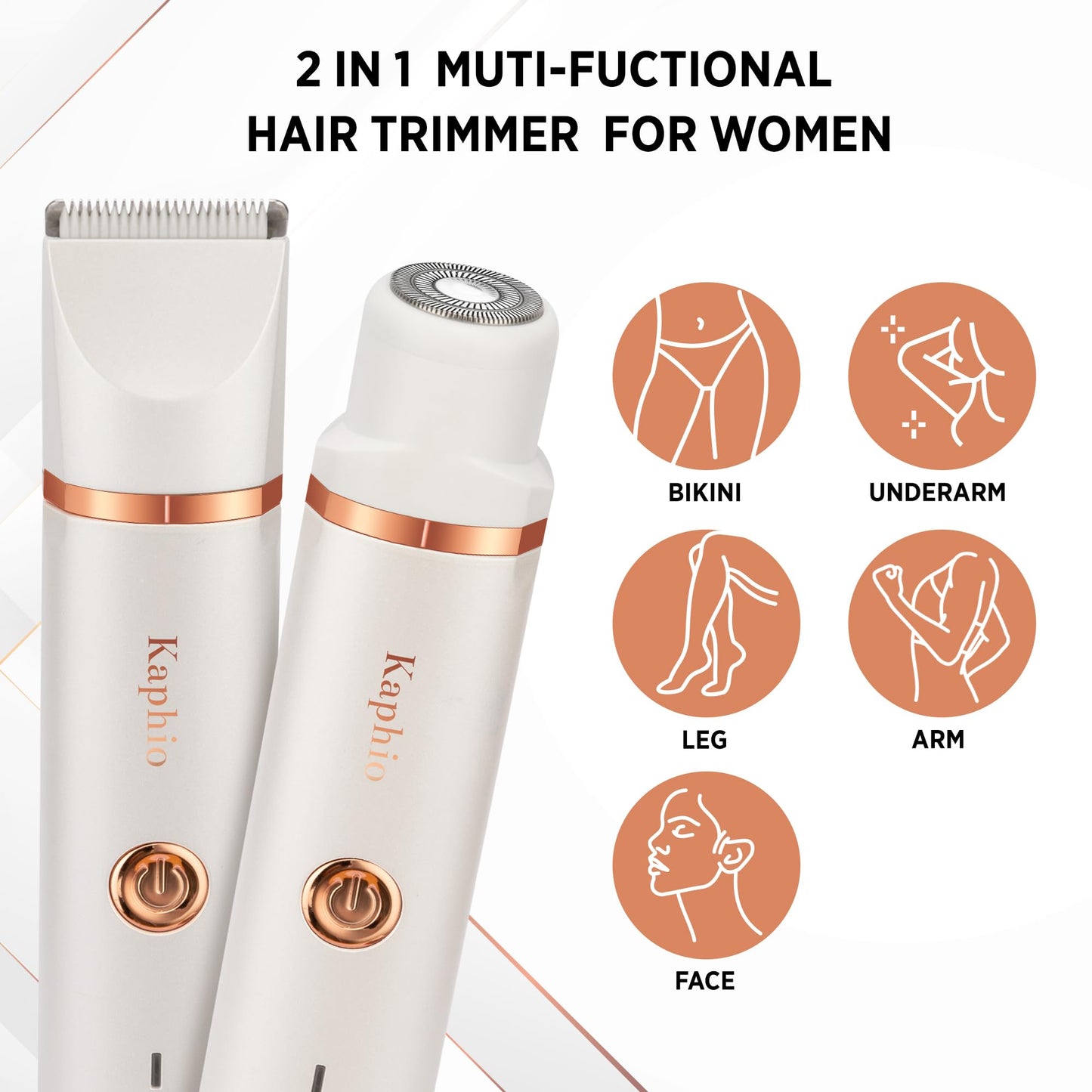 Electric Bikini Trimer Shaver Women: 2 in 1 IPX7 Waterproof Wet & Dry Use Body Hair Trimmer and Facial Hair Remover - Rechargeable Hair Removal Kit for Bikini Underarm Leg Arm Body Face