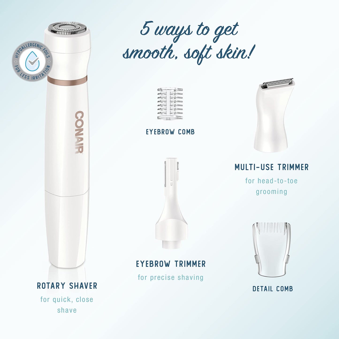 Conair All-In-1 Body and Facial Hair Removal for Women, Cordless Electric Trimmer & Shaver, Perfect for Face, Ear/Nose, Eyebrows, Legs, and Bikini Lines
