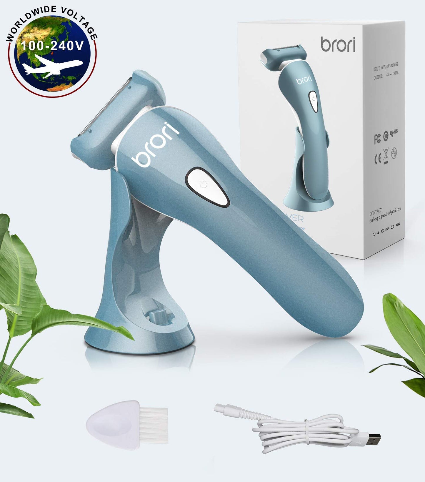 brori Electric Razor for Women - Womens Shaver Bikini Trimmer Body Hair Removal for Legs and Underarms Rechargeable Wet and Dry Painless Cordless with LED Light, Blue