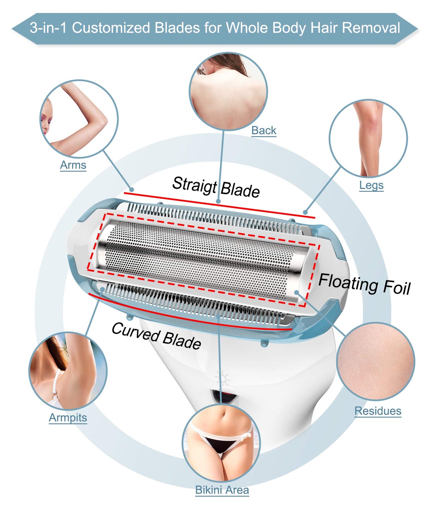 brori Electric Razor for Women - Womens Shaver Bikini Trimmer Body Hair Removal for Legs and Underarms Rechargeable Wet and Dry Painless Cordless with LED Light, Blue