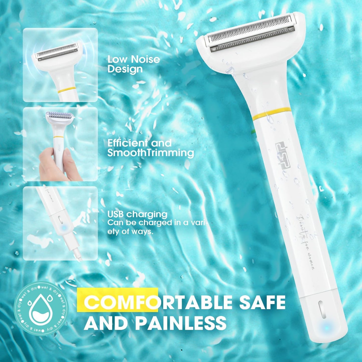 DSP 3-in-1 Women's Trimmer: Waterproof Bikini, Nose & Eyebrow Shaver. Ideal for Female Private Area; Electric Bikini Trimmer for Pubic Hair