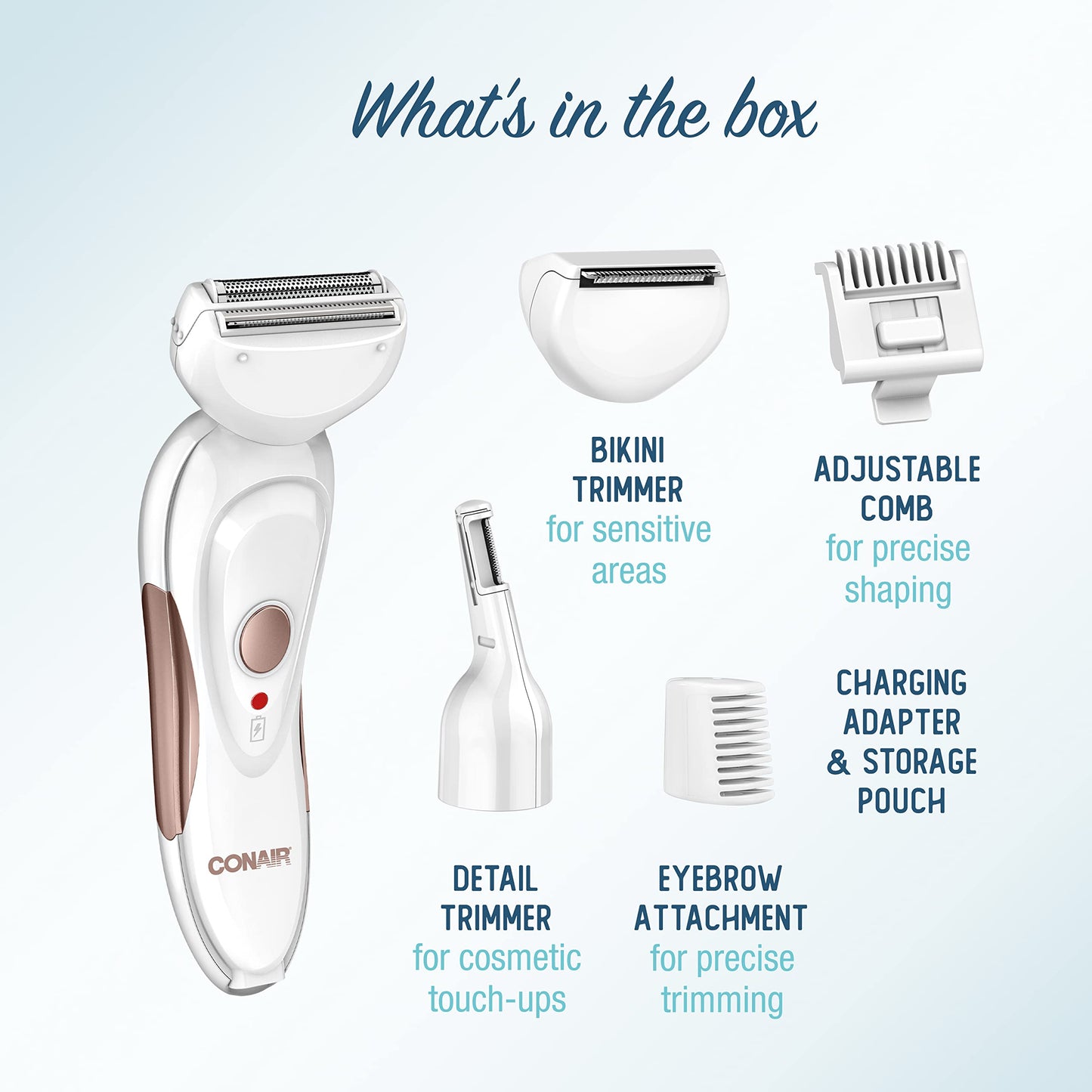 Conair All-In-1 Body and Facial Hair Removal for Women, Cordless Electric Trimmer & Shaver, Perfect for Face, Ear/Nose, Eyebrows, Legs, and Bikini Lines