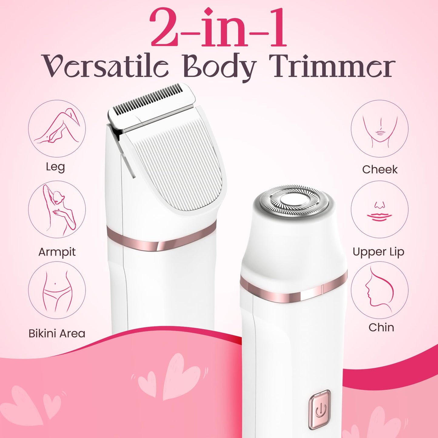 Bikini Trimmer for Women - Painless Electric Razors for Silk Skin,Cordless Body Shaver for Trip,Replaceable Lady Facial Razor, IPX7 Waterproof&Easy Cleaning, Ceramic Blade, USB Charge Dock Pink