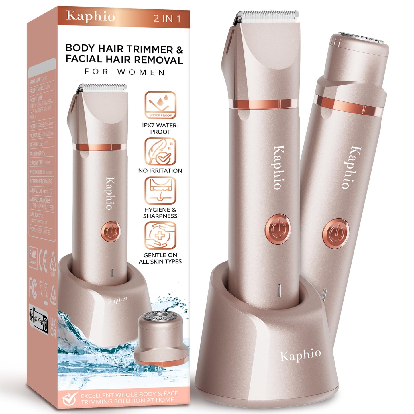Electric Bikini Trimer Shaver Women: 2 in 1 IPX7 Waterproof Wet & Dry Use Body Hair Trimmer and Facial Hair Remover - Rechargeable Hair Removal Kit for Bikini Underarm Leg Arm Body Face