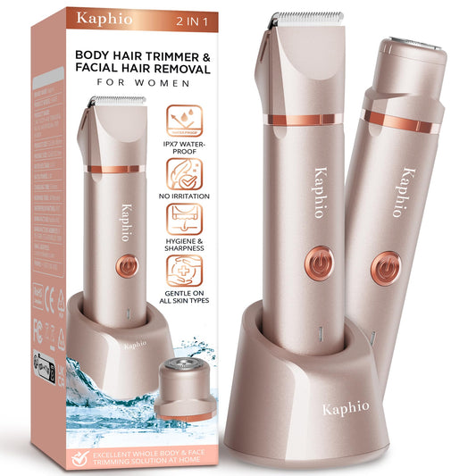 Electric Bikini Trimer Shaver Women: 2 in 1 IPX7 Waterproof Wet & Dry Use Body Hair Trimmer and Facial Hair Remover - Rechargeable Hair Removal Kit for Bikini Underarm Leg Arm Body Face
